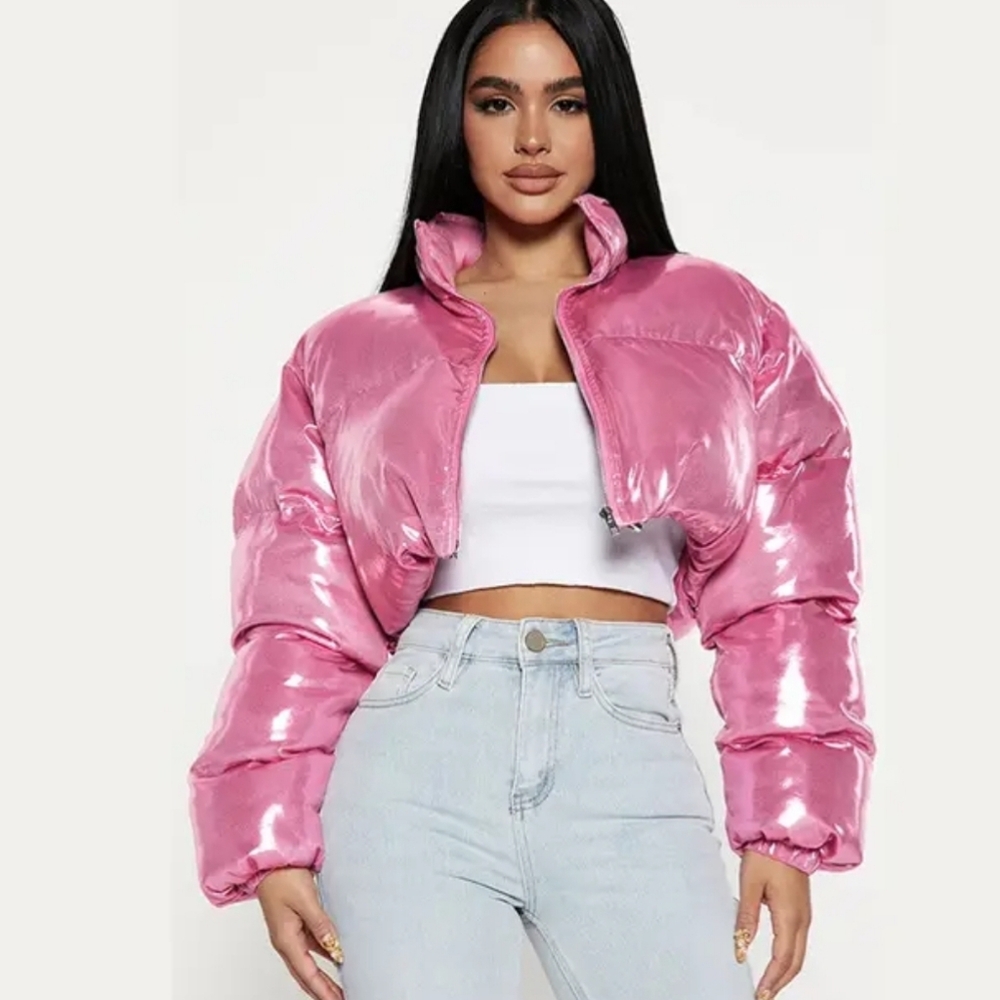 Fashionnova womens pink crop puffer